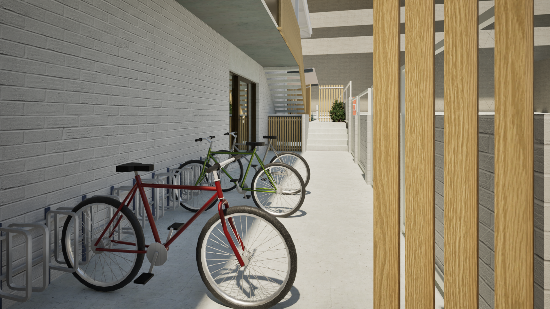 Outdoor bike parking area with a white brick wall, two bicycles (red and green), a bike rack, and a wooden fence. There are stairs leading to a second level and some potted plants visible in the background.