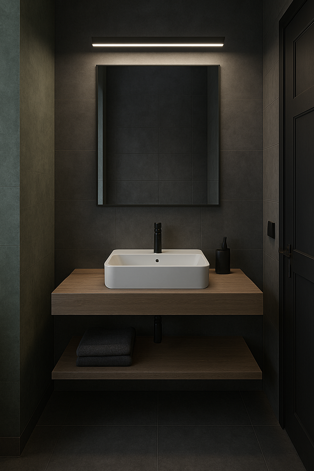 Modern bathroom with dark tiles, a rectangular white sink on a wooden vanity, a mirror above the sink, and minimal black accessories.