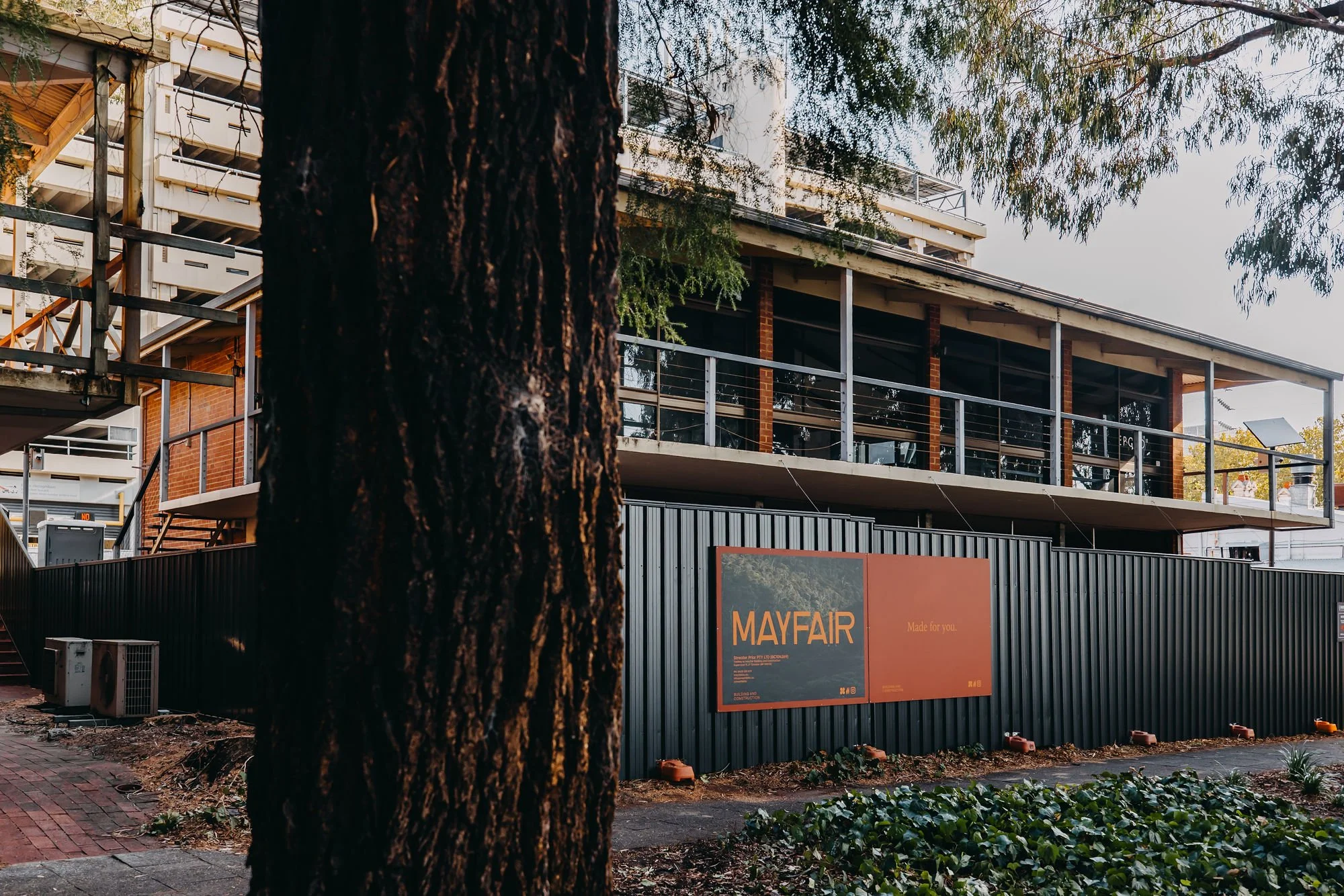 A large tree trunk is in the foreground, with a modern building under construction in the background, partly obscured by trees and foliage. The building has brick and glass elements, and a sign reads "MAYFAIR".