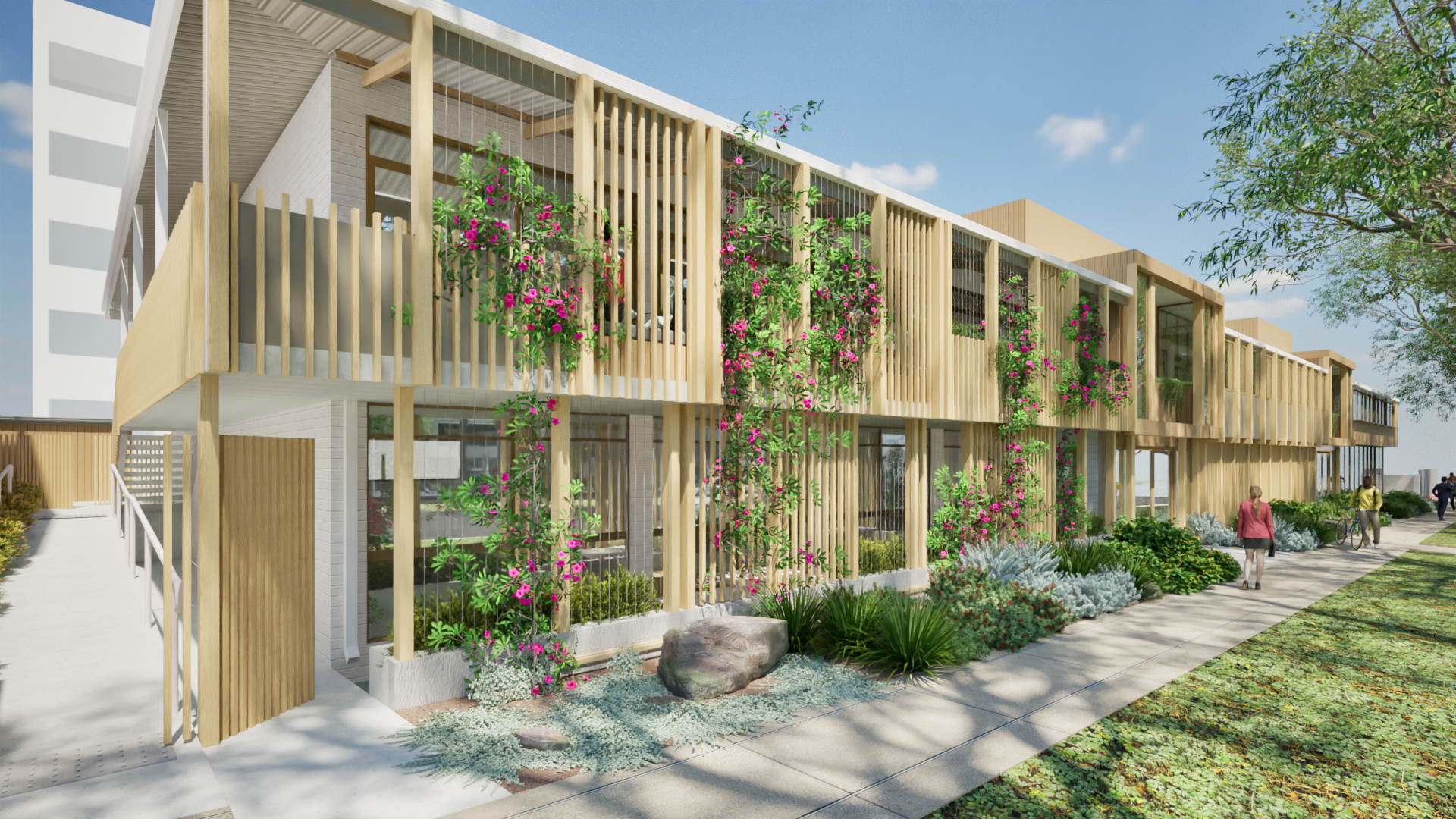 Architectural rendering of a modern multi-story residential building with wooden slats and climbing pink flowering plants, sidewalk with people, greenery, and trees under a blue sky.
