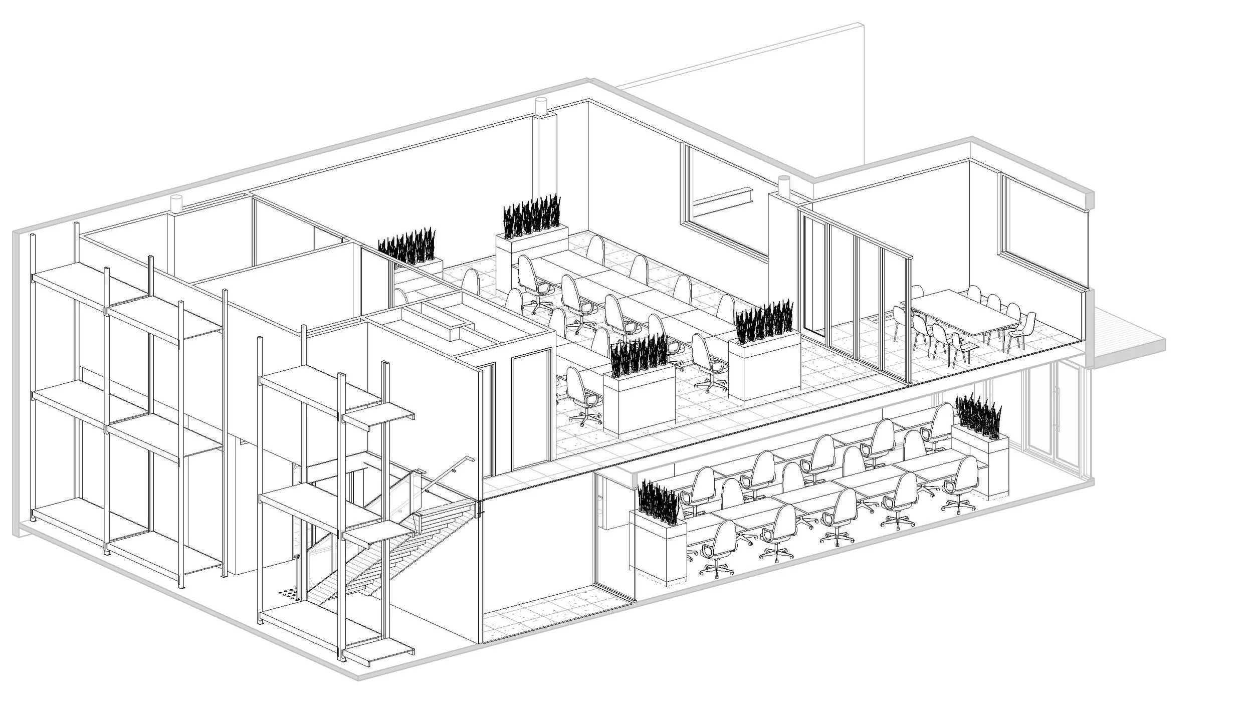 A detailed architectural rendering of an office space showing multiple workstations, meeting rooms, and common areas with furniture and plants.