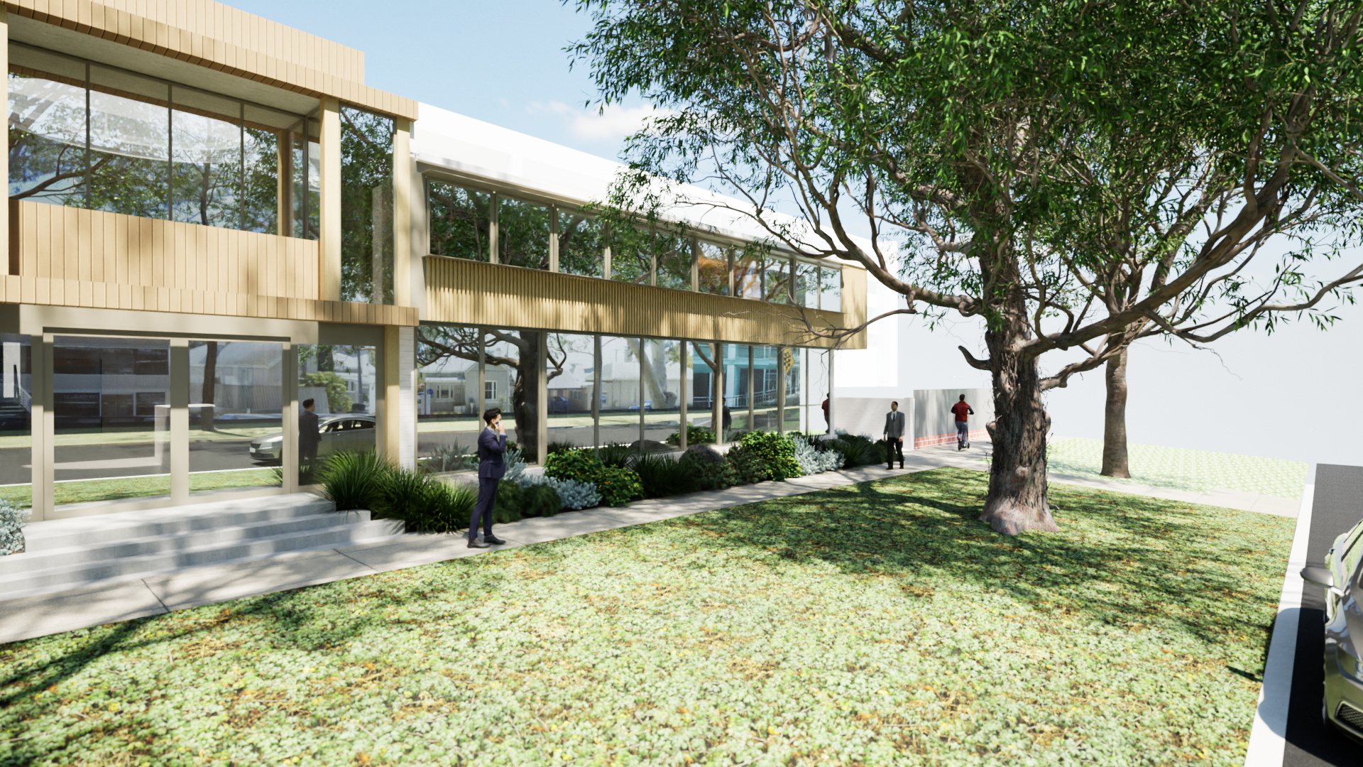 Architectural rendering of a modern building with glass walls and wooden accents, surrounded by trees and landscaping, with people walking nearby.