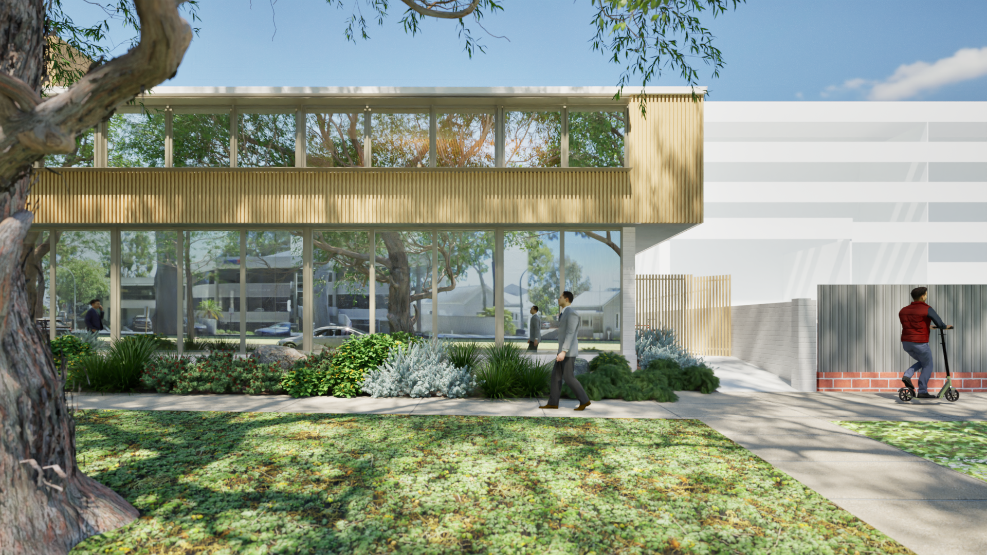 Architectural rendering of a modern building with large glass windows, wooden accents, surrounded by landscaped greenery, with pedestrians and a person riding an electric scooter in front.