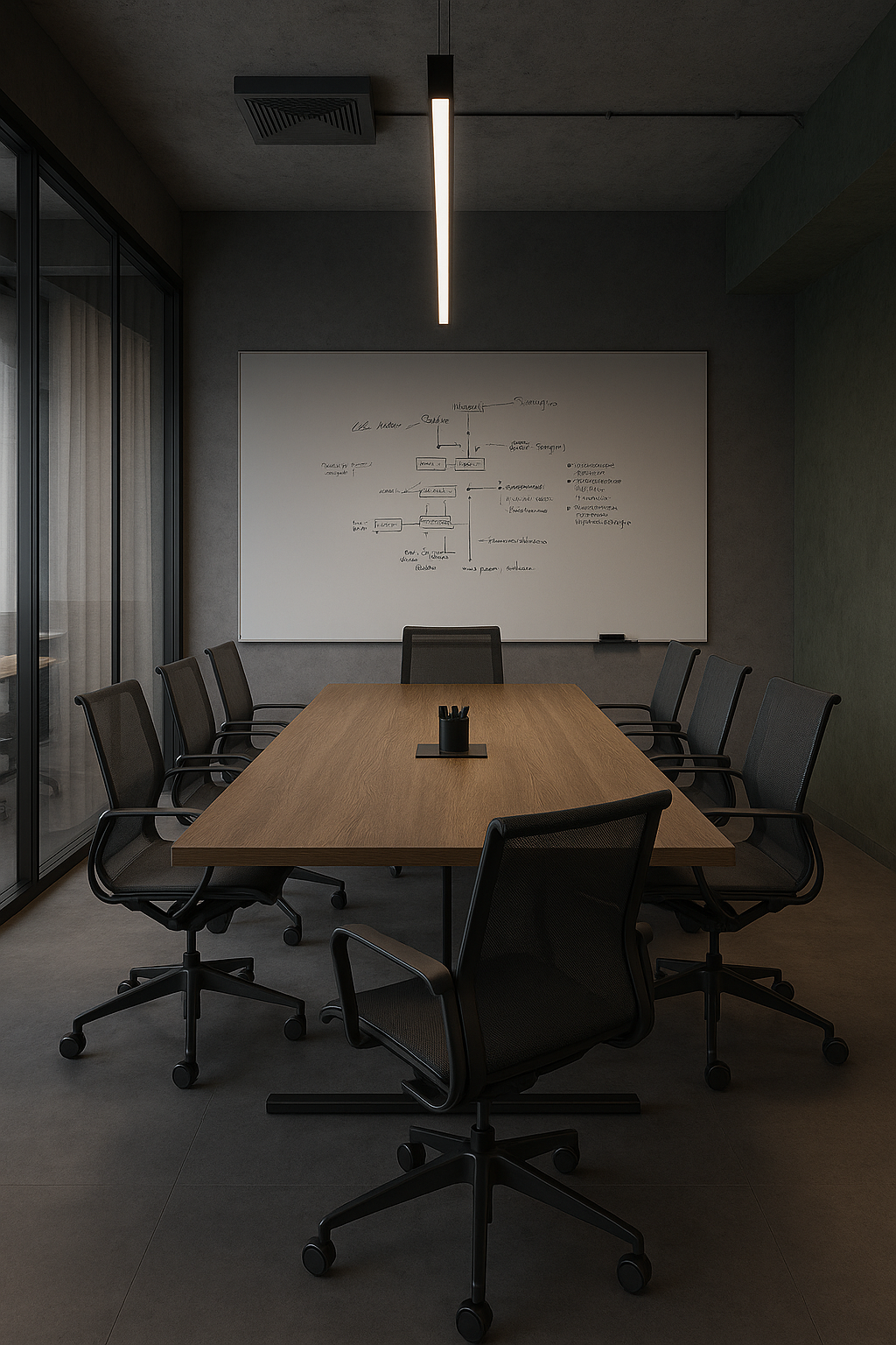 Empty conference room with a wooden table, black mesh office chairs, whiteboard with diagrams, and glass walls.