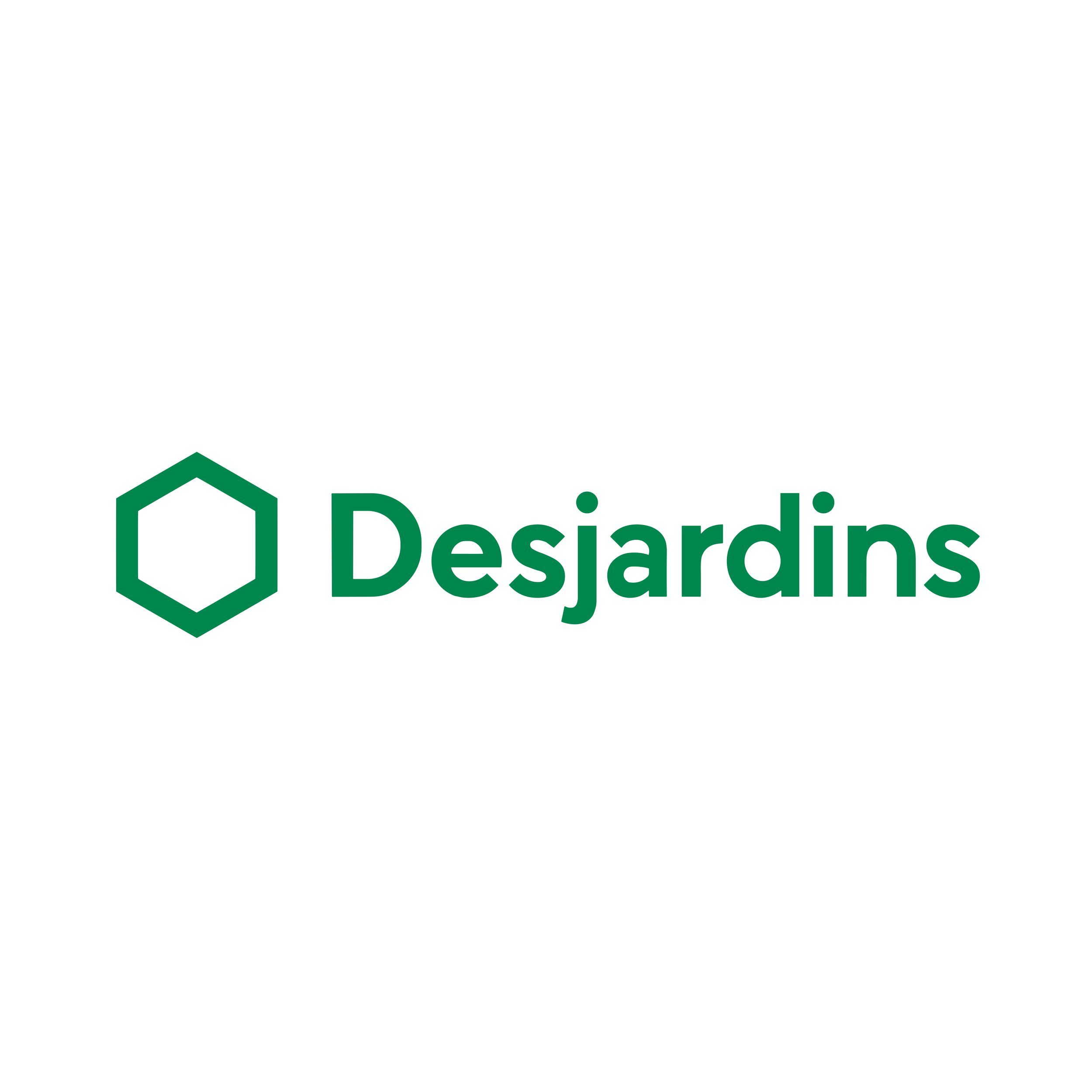 Logo de la caisse Desjardins avec une icône hexagonale verte et le texte "Desjardins" en vert.