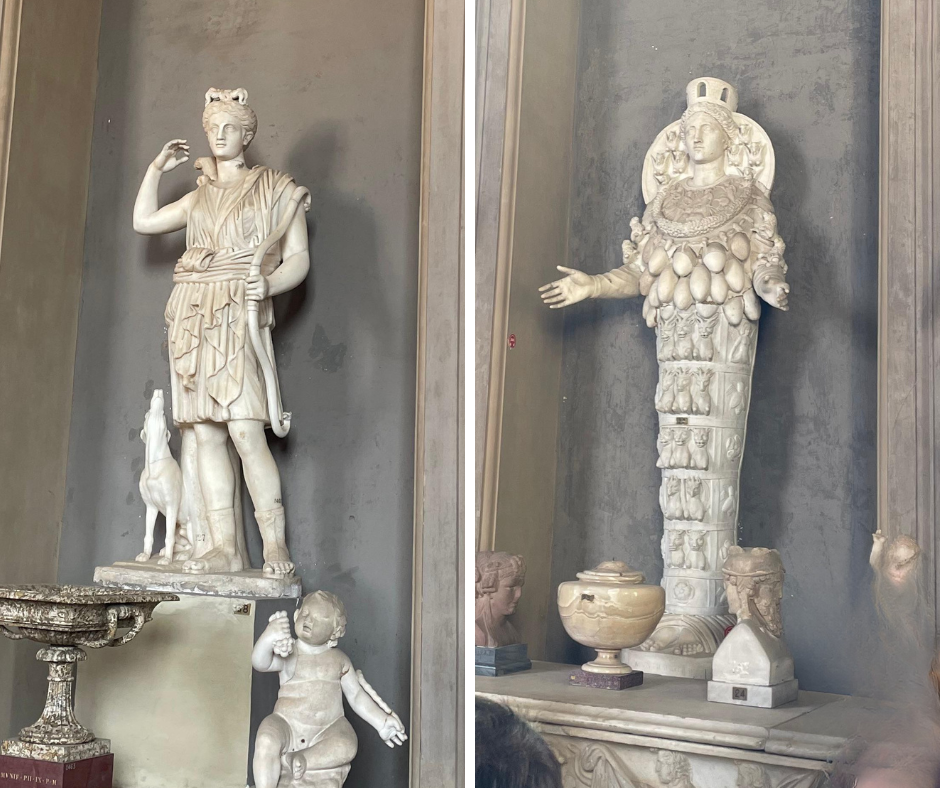 Image on the left shows the classic Artemis as a huntress with a dog; image on the right shows unusual Artemis with egg-shaped objects hanging from her chest.