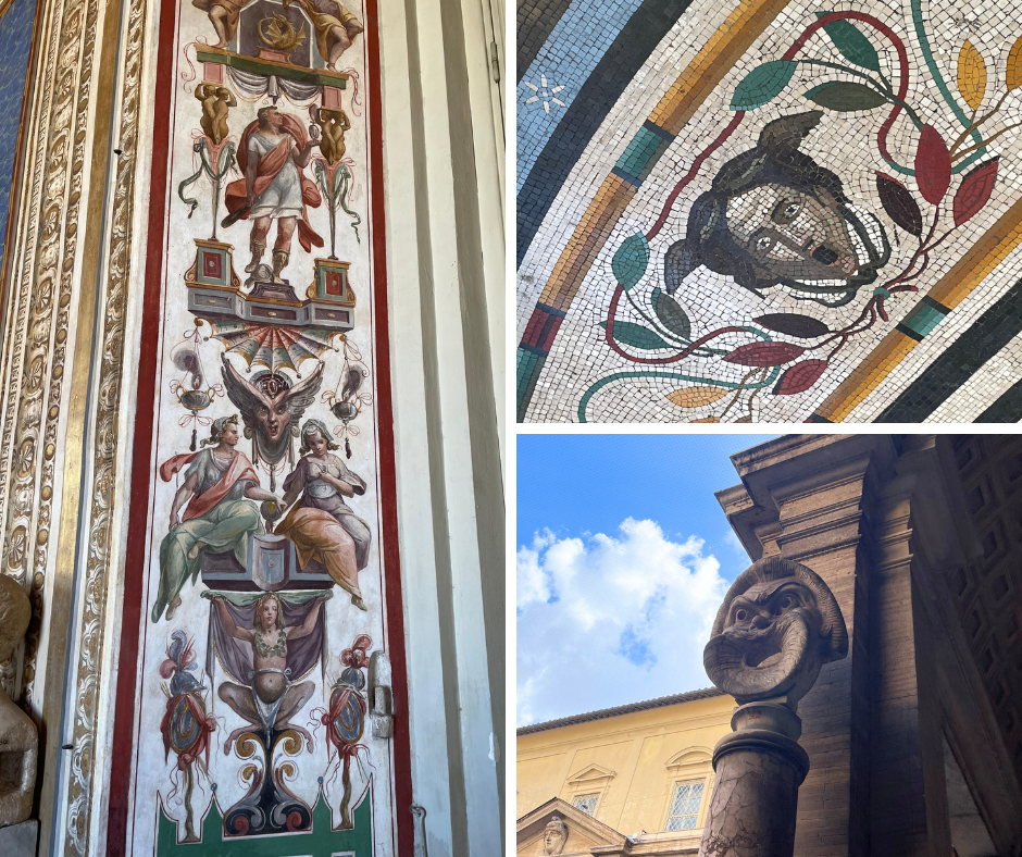 First image shows a pillar with grotesque motifs painted over, second image shows a mosaic of a grotesque screaming face, third image shows a grotesque sculpture of a mask.