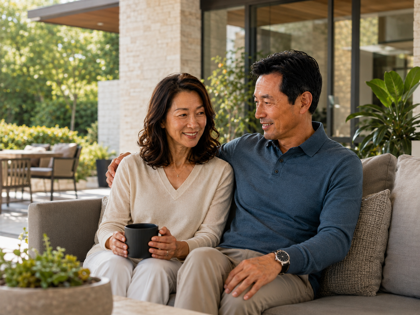 A middle-aged woman and man sitting close together on a sofa outdoors, smiling and talking. The woman holds a black mug and is wearing a beige sweater, while the man has his arm around her and is wearing a blue shirt and a watch. There are trees, plants, and a building with large windows in the background.