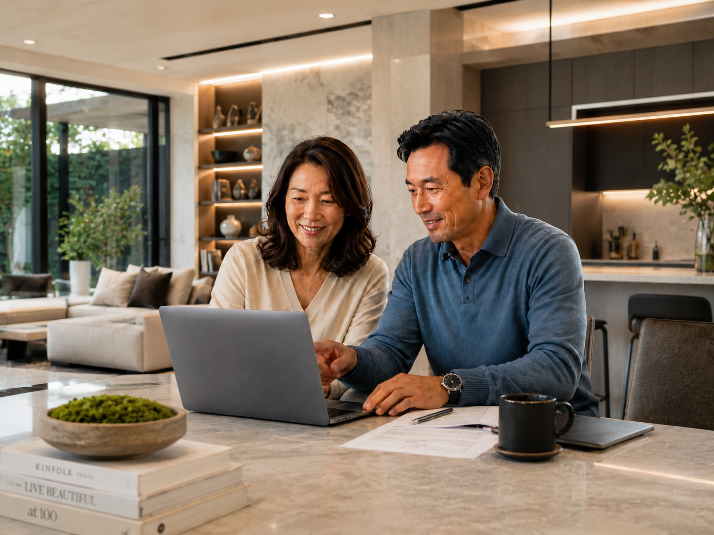 Two adults, a man and woman, smiling and looking at a laptop screen in a modern kitchen or dining area.