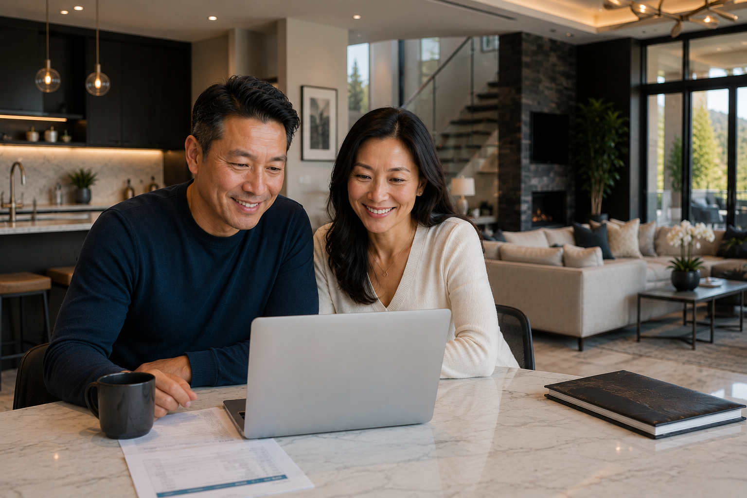 A smiling middle-aged man and woman sitting at a marble table in a modern living room, looking at a laptop together.