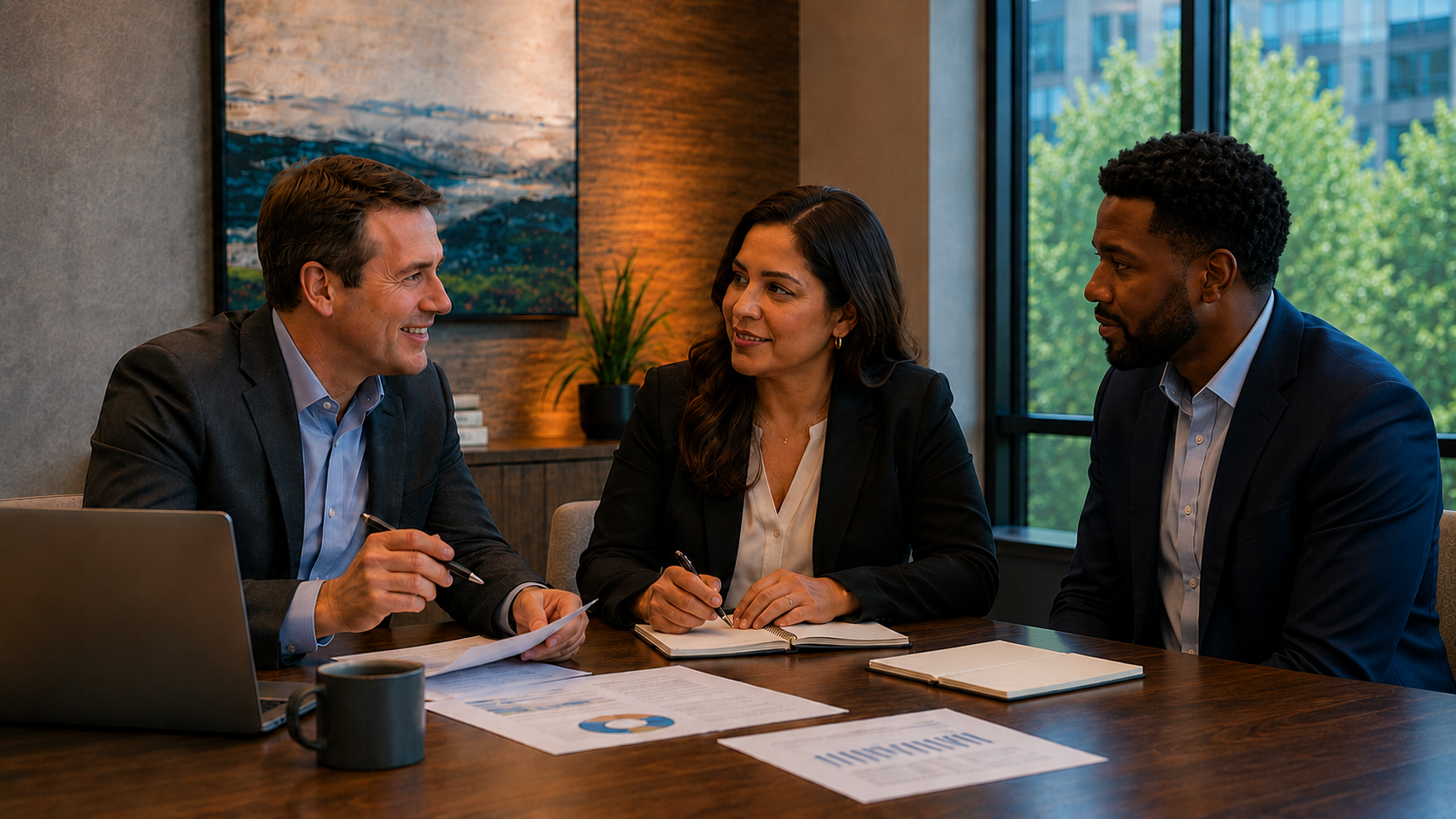 Three business professionals having a discussion at a conference table in a modern office, with documents, notebooks, and a laptop on the table, and a large window with trees outside.