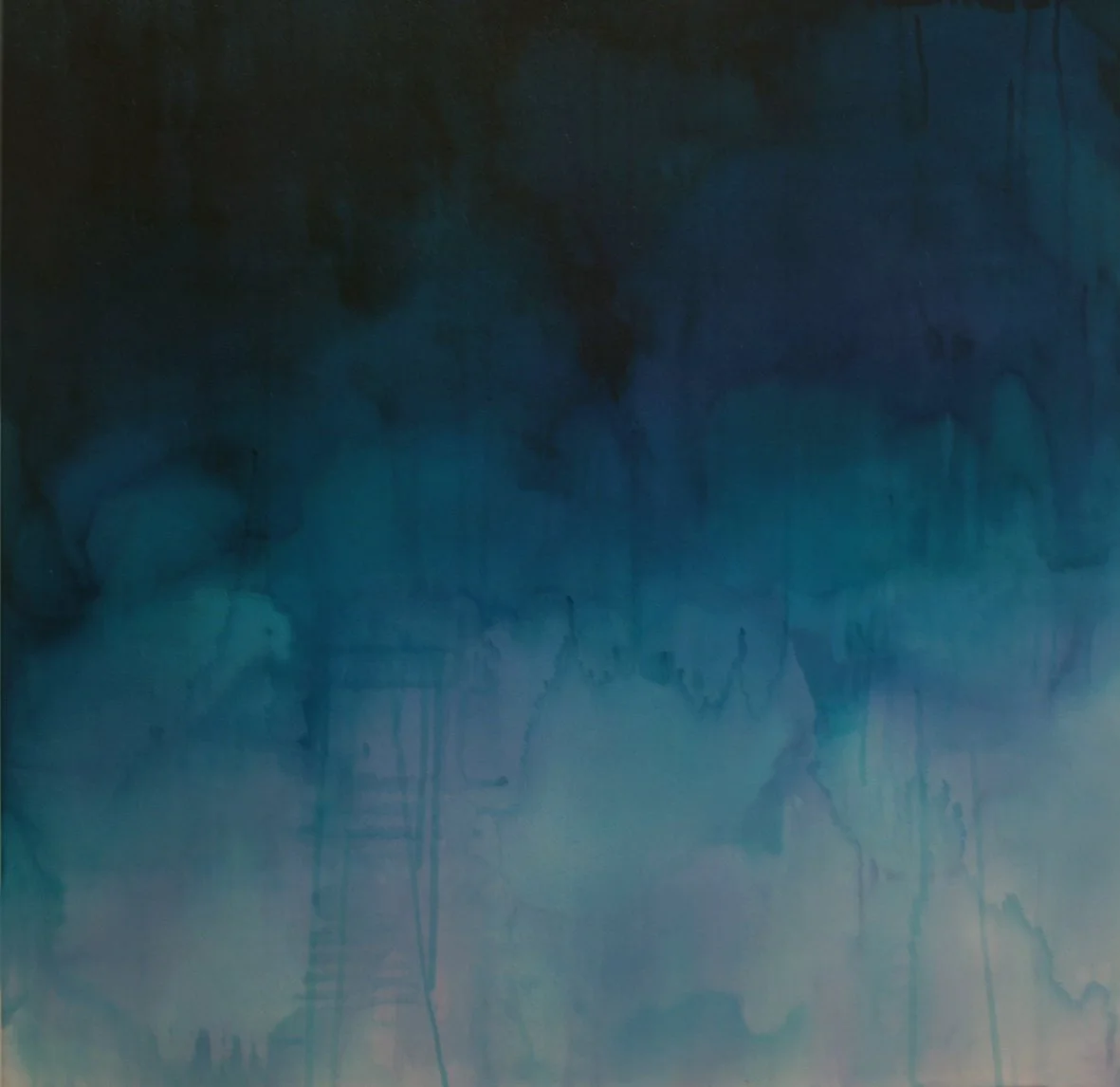 Abstract watercolor painting with shades of blue and black