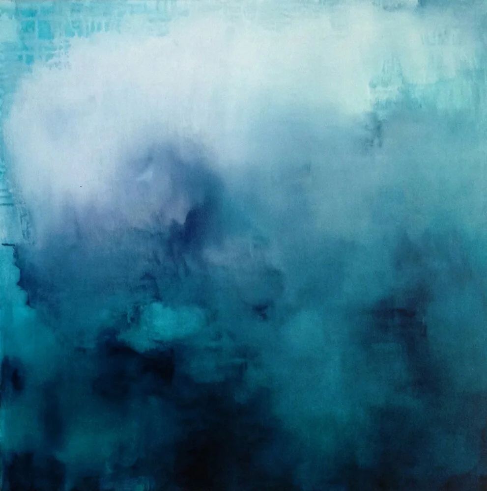 Abstract watercolor painting with shades of blue and hints of white.