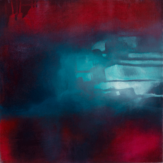 Abstract painting with dominant red and teal colors, featuring layered and blended brushstrokes.