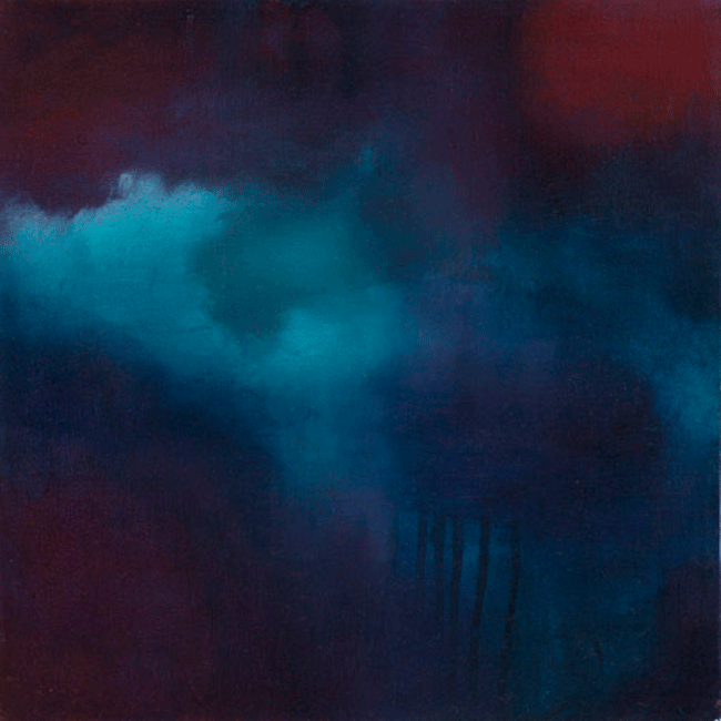 Abstract painting with dark red, blue, and purple hues, featuring a prominent blue cloud-like shape in the center