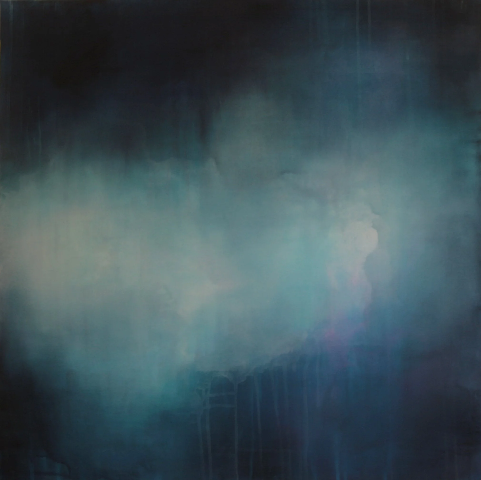 Abstract painting with dark blue, black, teal, and light purple hues, featuring blurred, flowing watercolor effects.