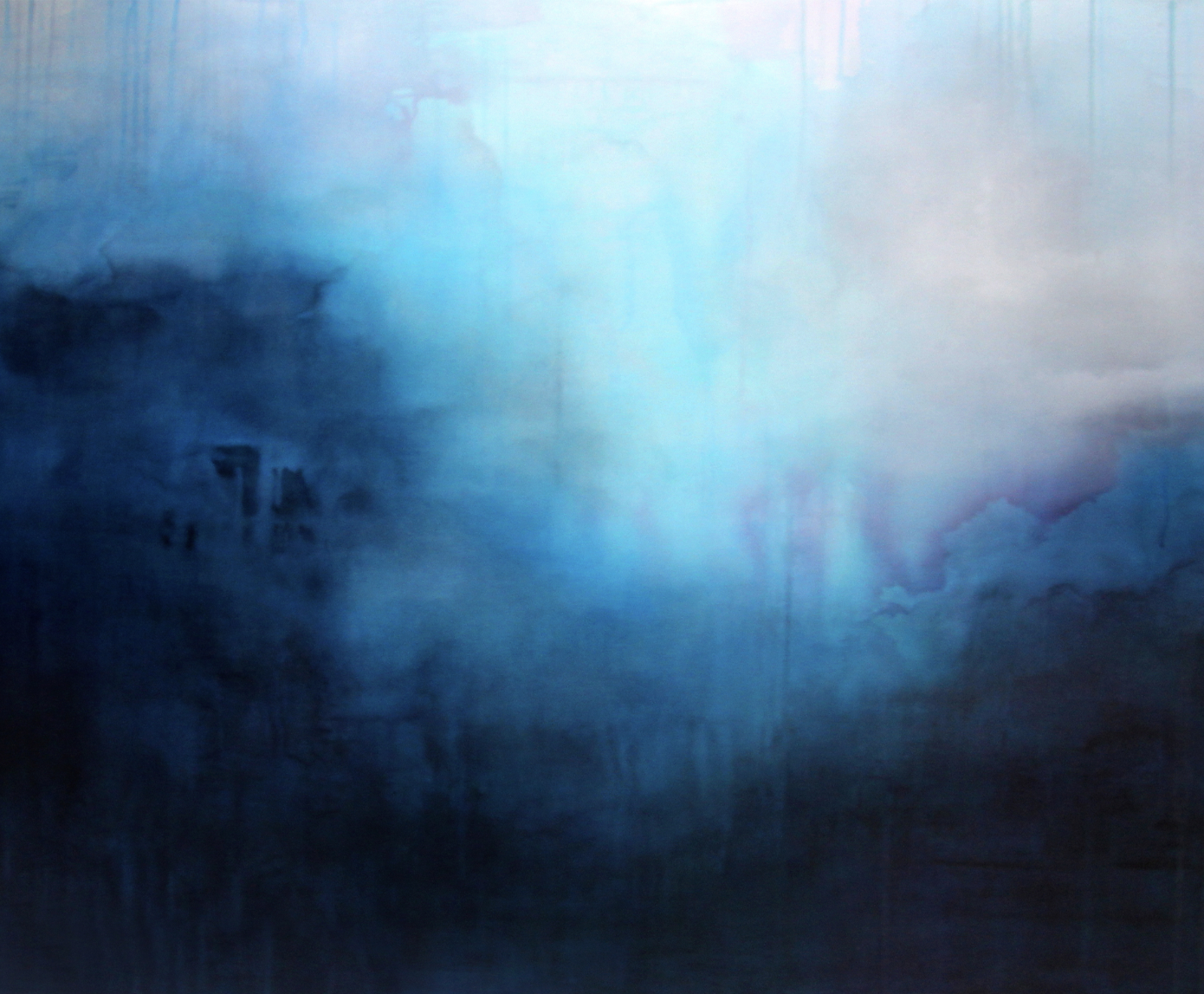 Abstract painting with shades of blue and hints of purple, resembling a cloudy sky or water.