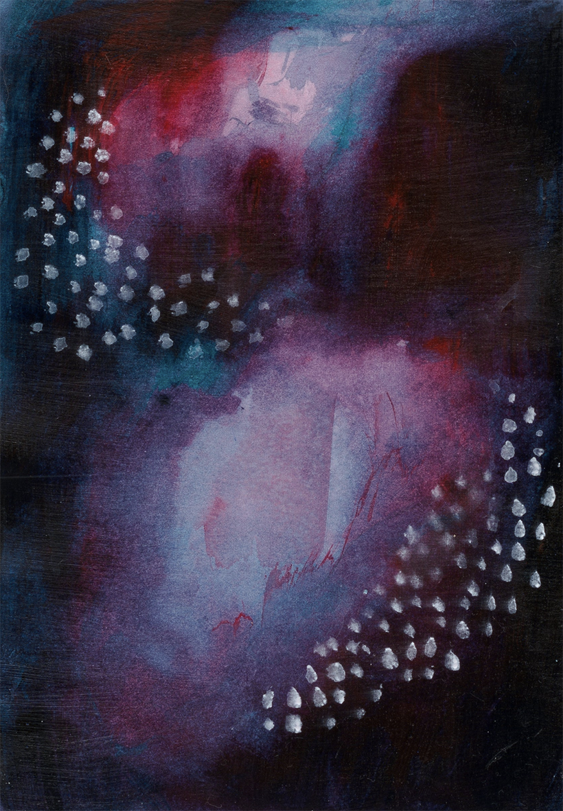 Abstract painting with dark blue, purple, and red hues, featuring clusters of white dots and faint, undefined shapes.