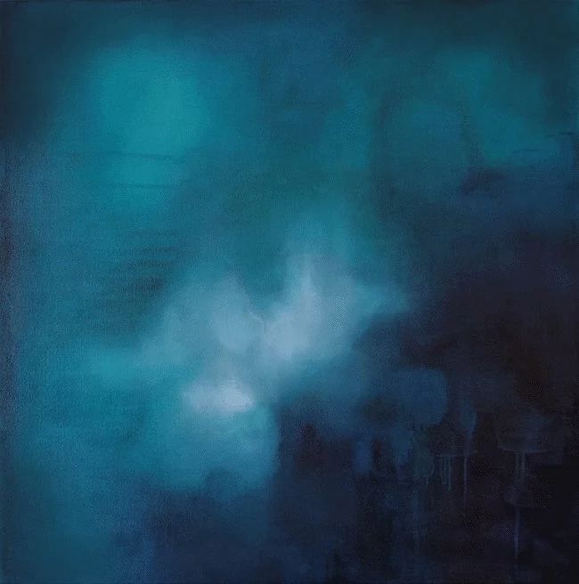 Abstract painting with shades of blue, teal, and black, featuring cloudy and diffuse textures.