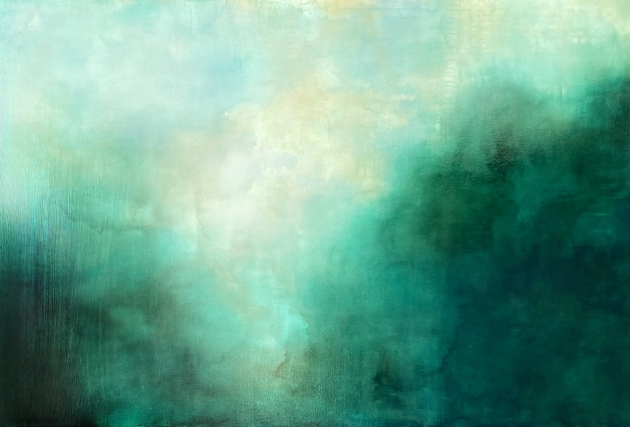 Abstract image with shades of green and teal, resembling a watercolor painting with soft blending and no distinct objects.