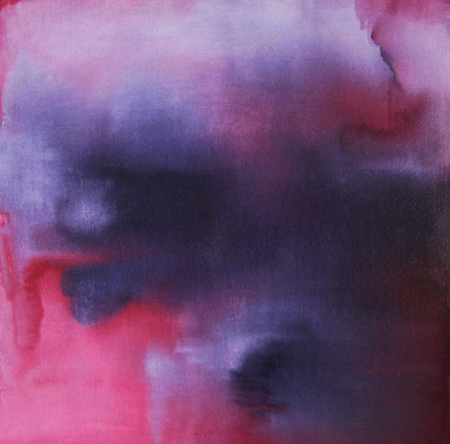 Abstract watercolor painting with shades of pink, purple, and black.