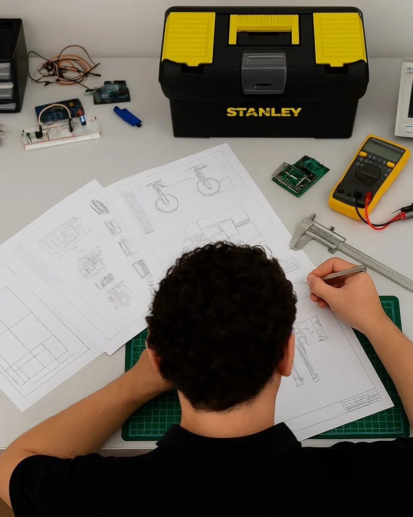 Person working on technical drawings or blueprints at a desk with electronic components, tools, and a Stanley toolbox.