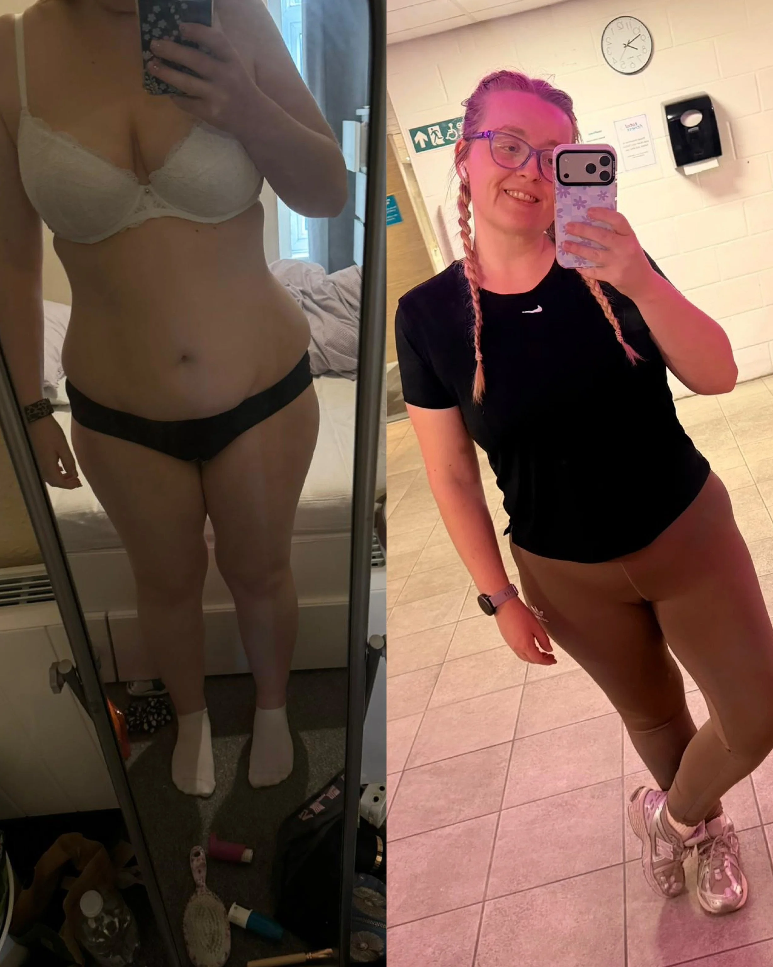 Side-by-side mirror selfies of a woman in casual fitness attire. The left photo shows her wearing a white lace bra, black underwear, and socks, taking a mirror selfie in what appears to be a bedroom with cluttered shelves. The right photo shows her smiling at the camera, wearing glasses, a black t-shirt, beige pants, and pink sneakers, standing in a hallway or waiting area with a clock and signs on the wall.