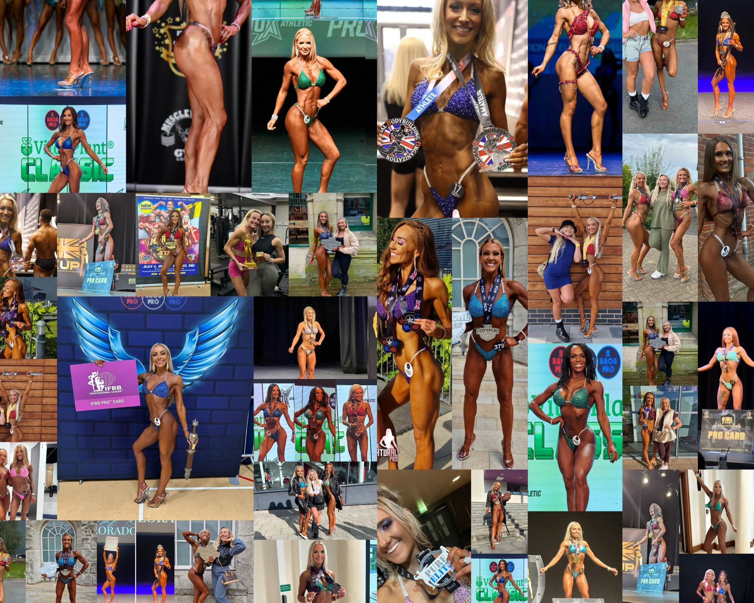 Collage of female bodybuilders and fitness competitors, many on stage or at events, showcasing muscular physiques, wearing bikinis or competition attire, with awards and medals.