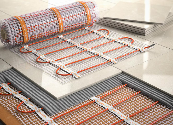 Underfloor heating system components including heating mats and wires, laid out on a tiled floor with tiles to be installed.