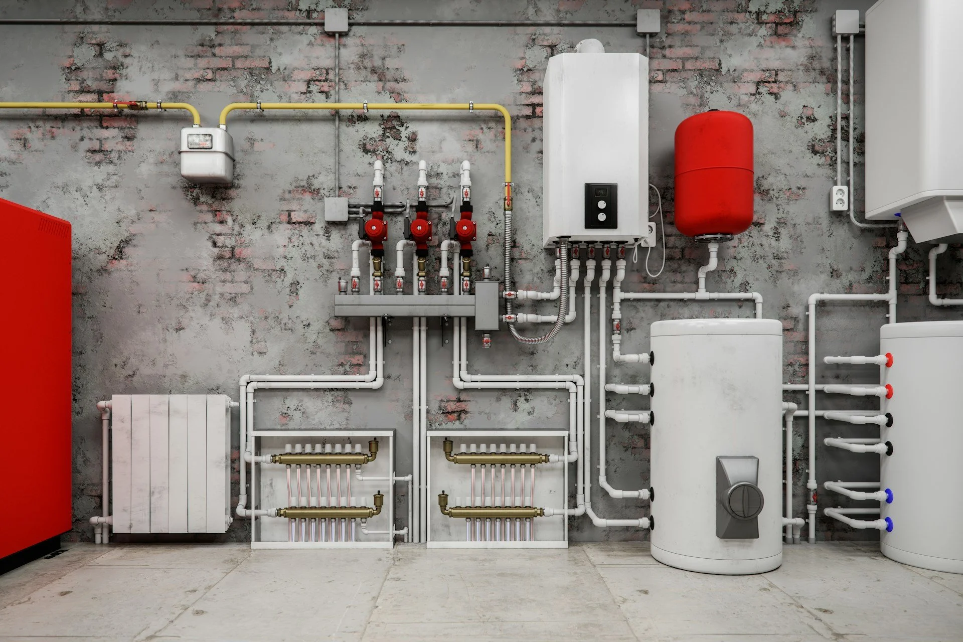 Modern mechanical room with white and red tanks, pipes, valves, and control units against a brick wall.