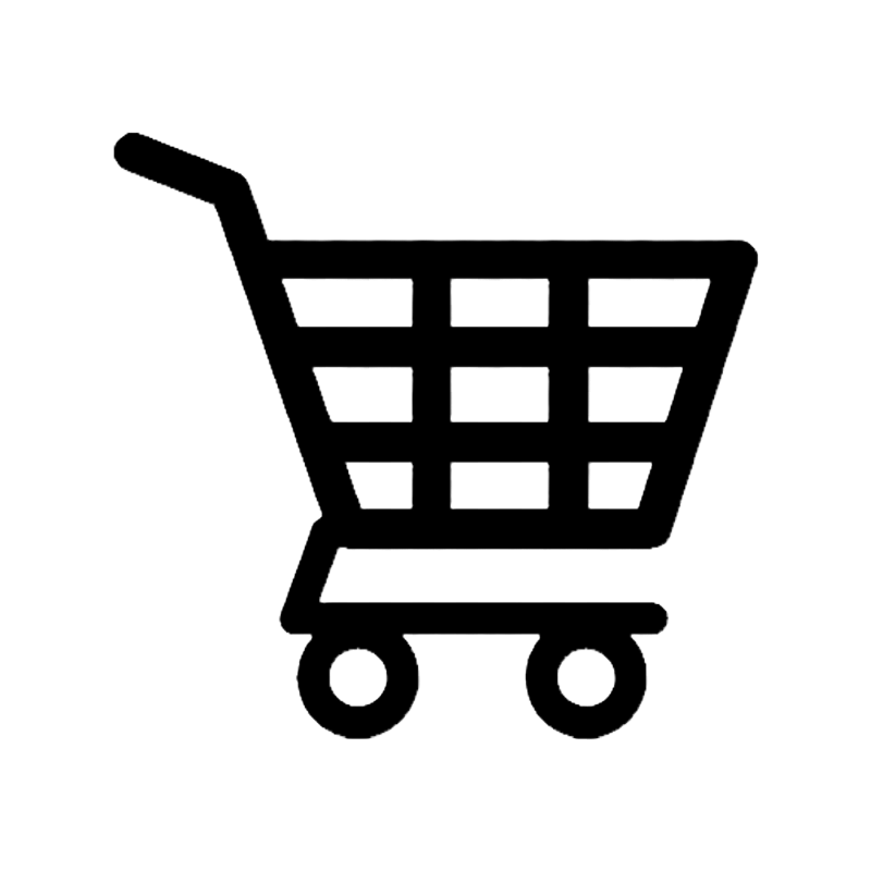 Black outline of a shopping cart with a handle and four wheels, depicted in a minimalist style.