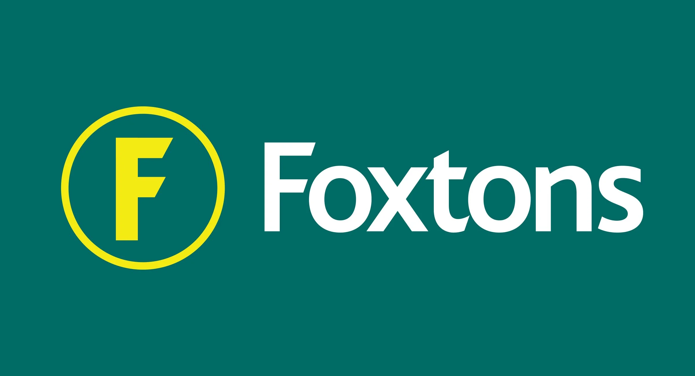 Foxtons real estate logo with a yellow 'F' inside a yellow circle and the company name in white text on a dark green background.