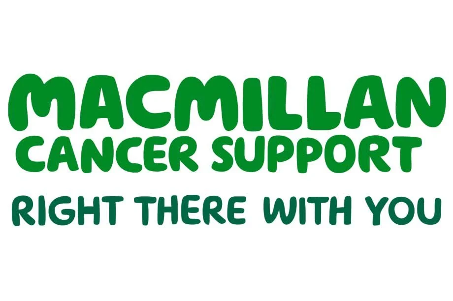 Macmillan Cancer Support logo with the slogan 'Right there with you' in green text