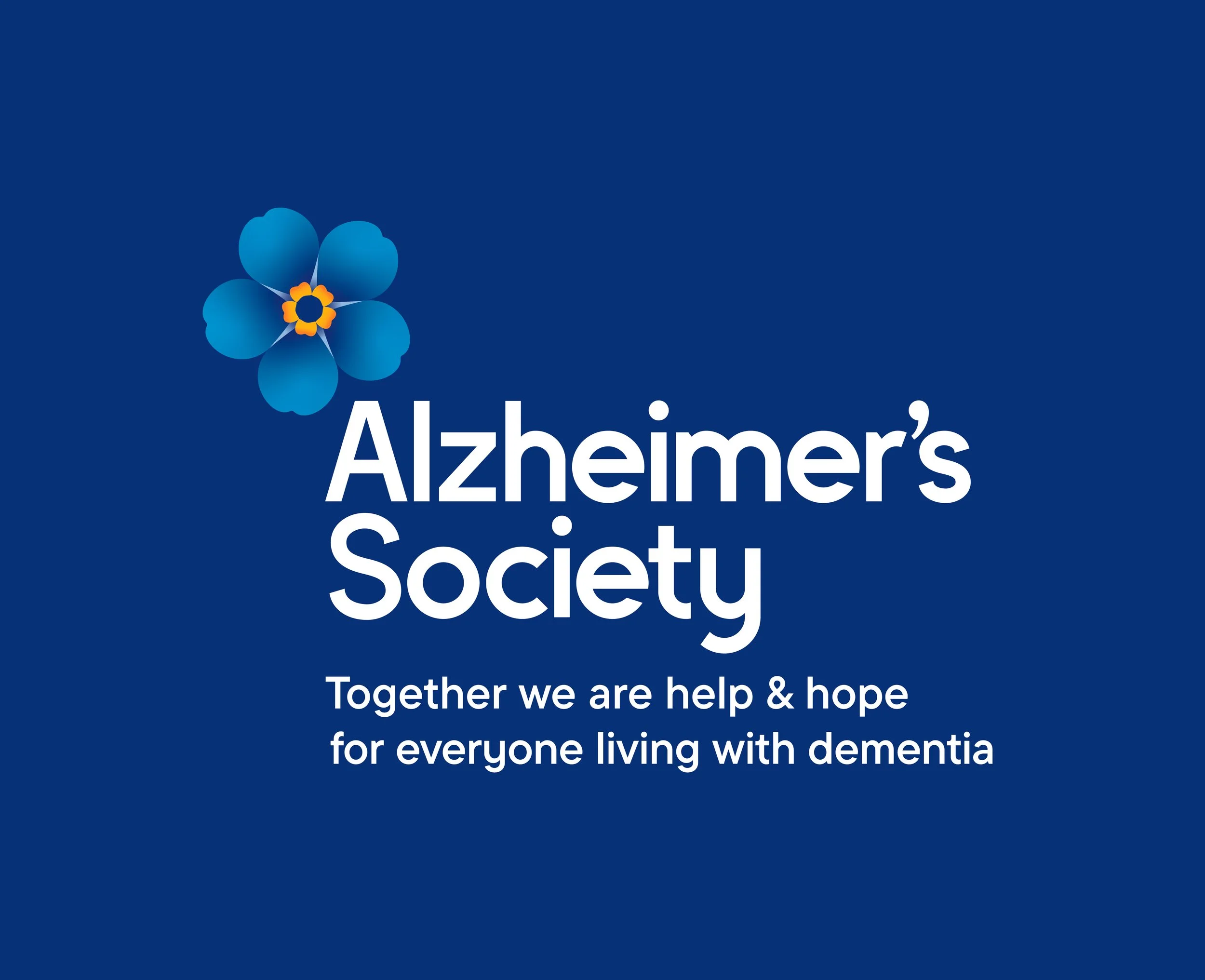 Blue background with a blue flower graphic and white text that reads 'Alzheimer's Society. Together we are help and hope for everyone living with dementia.'
