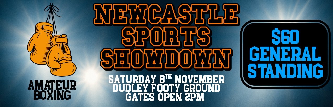 Event poster for Newcastle Sports Showdown featuring amateur boxing, with boxing gloves and event details including date, location, and ticket price.