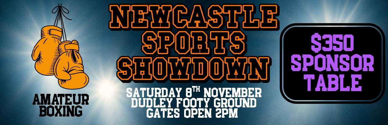 Digital promotional banner for the Newcastle Sports Showdown, an amateur boxing event with a boxing glove illustration, event date Saturday, November 8th, at Dudley Footy Ground, gates open at 2 PM, featuring a $350 sponsor table.