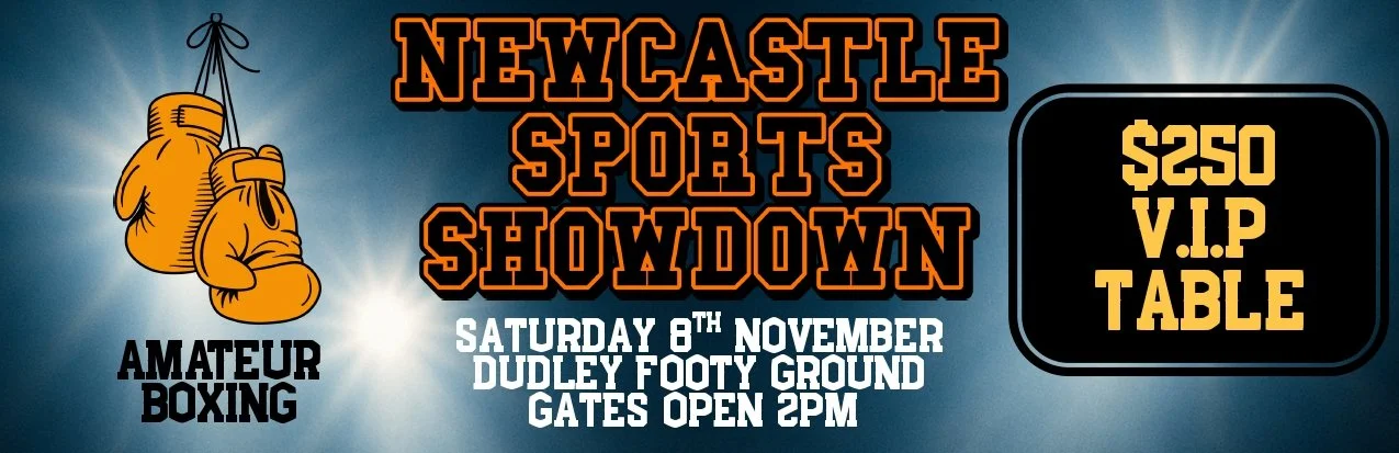 Poster for Newcastle Sports Showdown amateur boxing event with boxing gloves, event details, date, location, and VIP table price.
