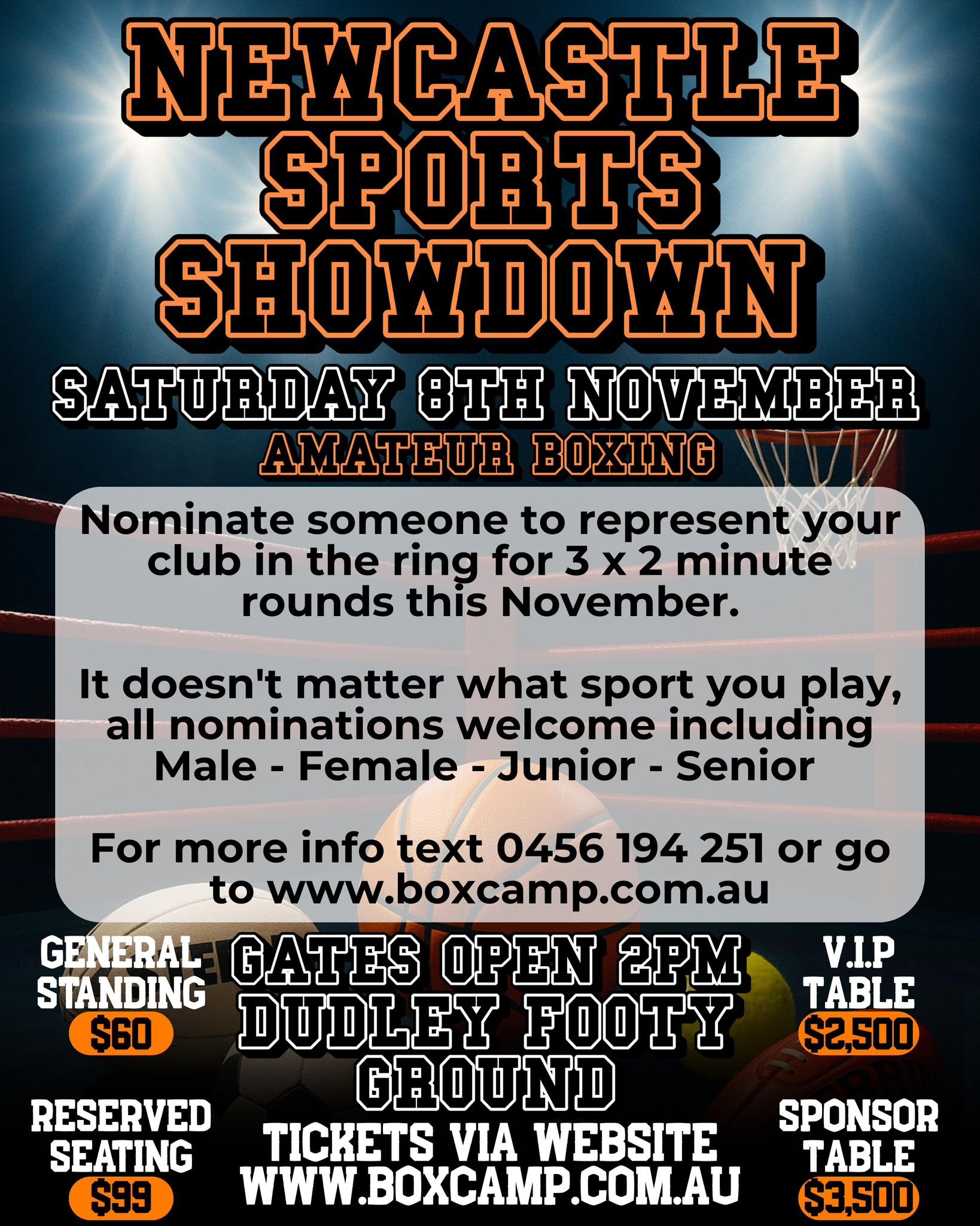 Posters for a Newcastle Sports Showdown amateur boxing event on Saturday, November 8th, with details about nominations and ticket prices, featuring images of a basketball, soccer ball, and football.
