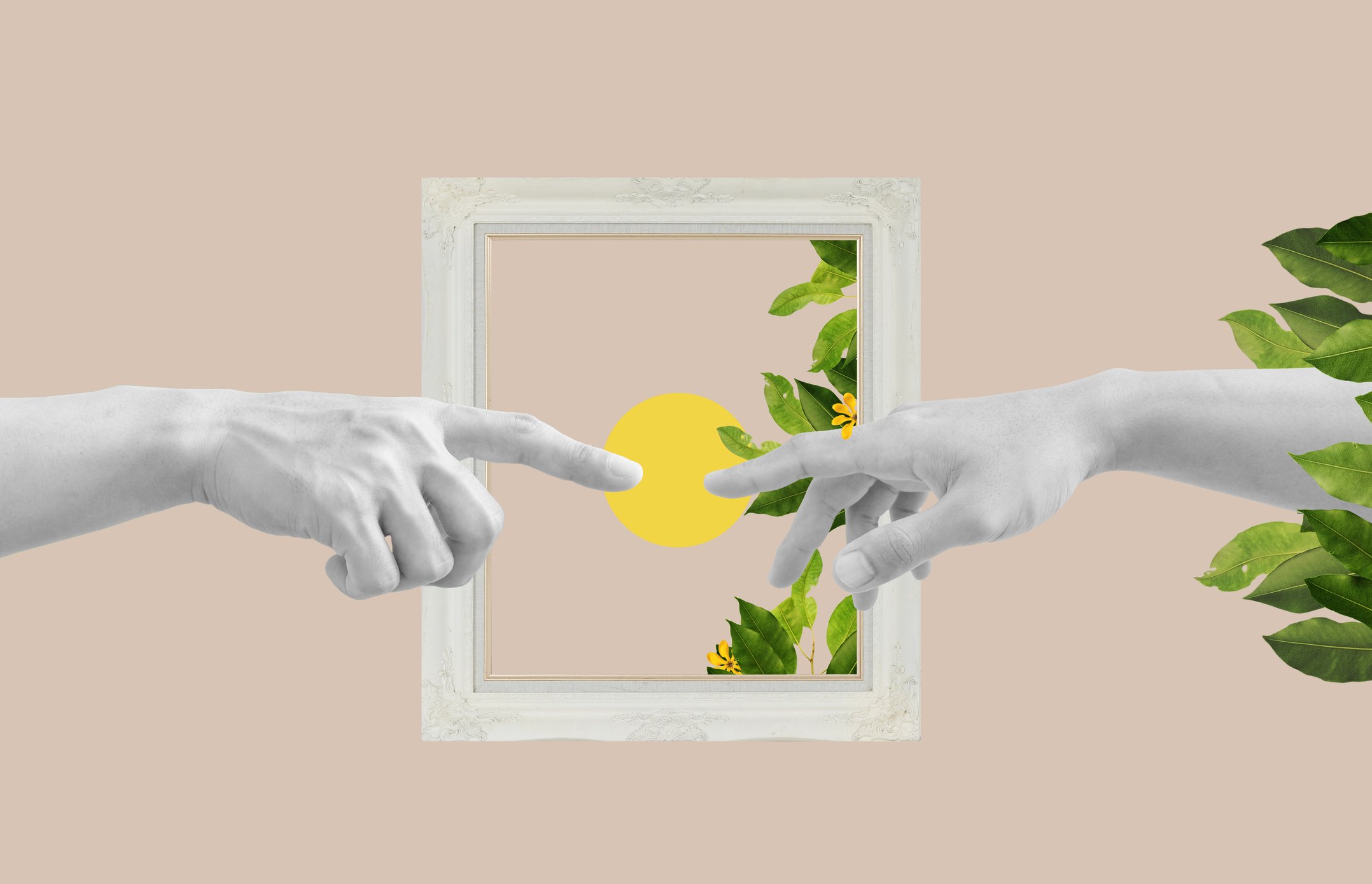 Two white gloved hands reaching towards each other, with a white ornate frame and green leaves in the background, and a yellow circle.