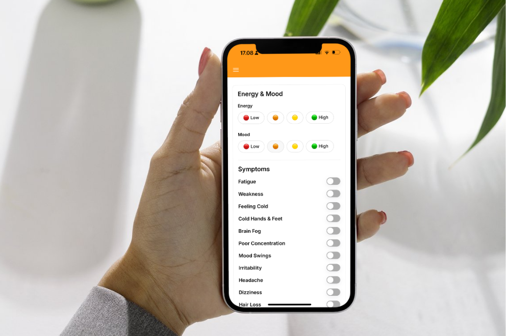 Two smartphones displaying health apps focused on iron deficiency symptoms and hormonal lifestyle management. The app on the left lists symptoms like fatigue, weakness, feeling cold, cold hands and feet, and brain fog, with a focus on iron deficiency. The app on the right discusses heavy menstruation, contraceptives, and planning for pregnancy, including a photo of a woman with crossed arms and gardening gloves.