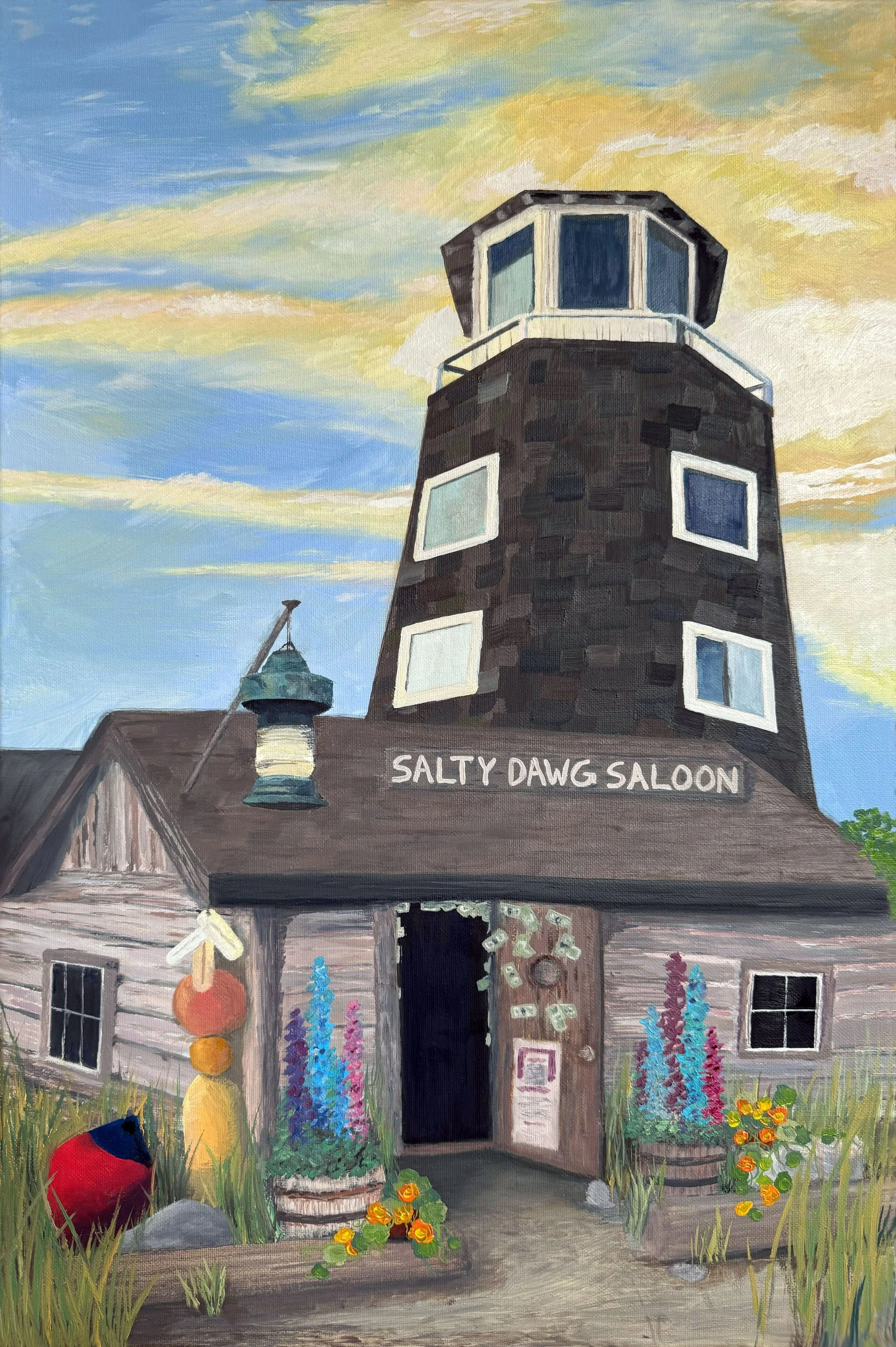 A painting showing a lighthouse, a saloon with a wooden exterior, and colorful flowers and decorations on the front porch. The sky has soft, pastel-colored clouds.