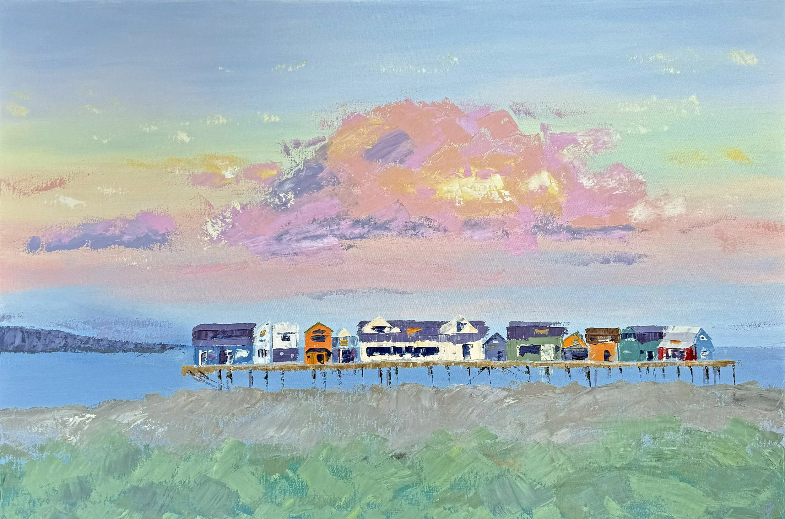 A colorful abstract painting of a seaside village with houses on stilts over water, under a sky with pastel pink, purple, yellow, and blue clouds.