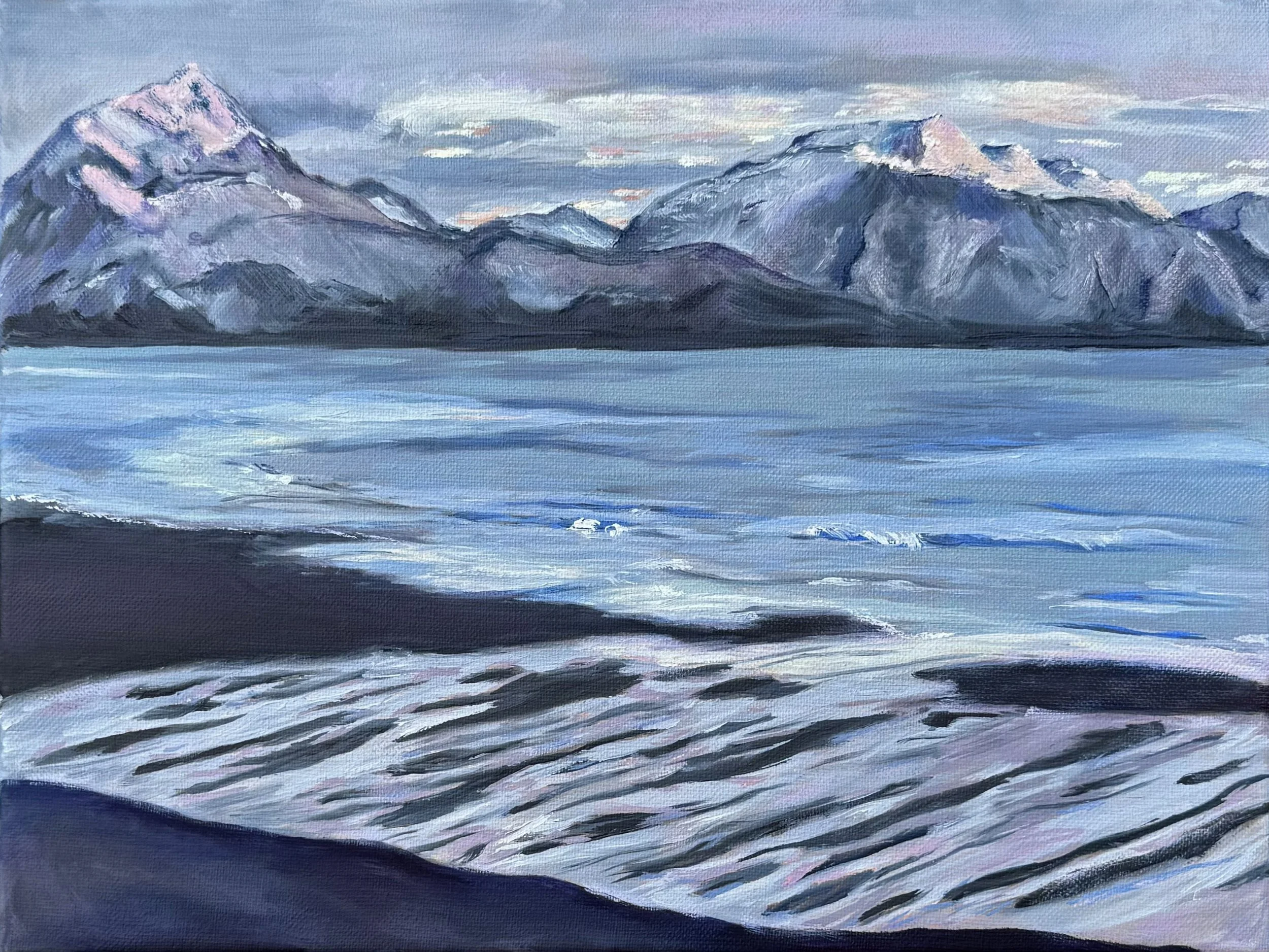 A painting of snowy mountain peaks with a body of water in the foreground, under a cloudy sky.
