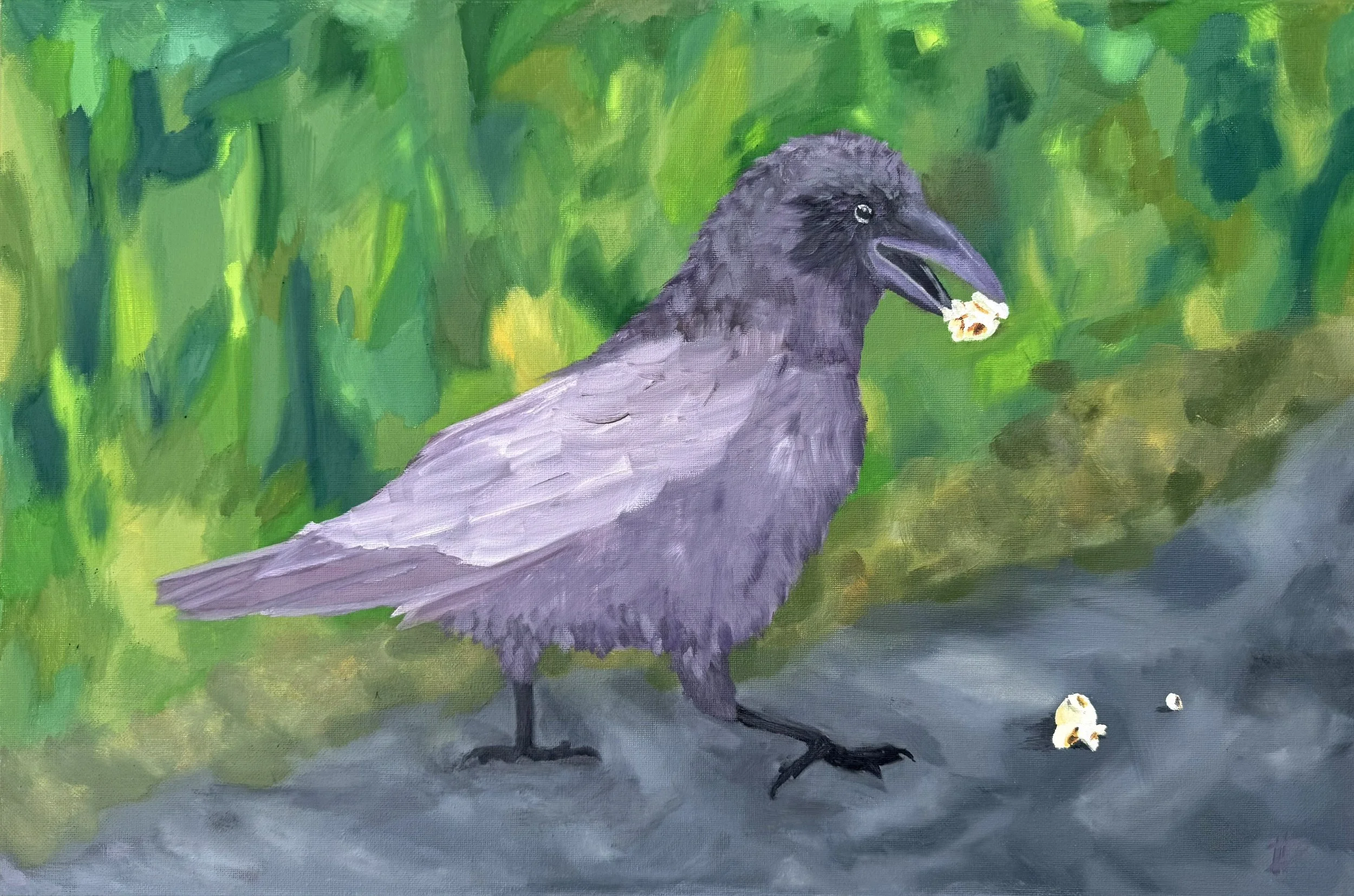 Painting of a black bird, likely a crow, standing on the ground near some small yellow and white flowers, with a background of green foliage.
