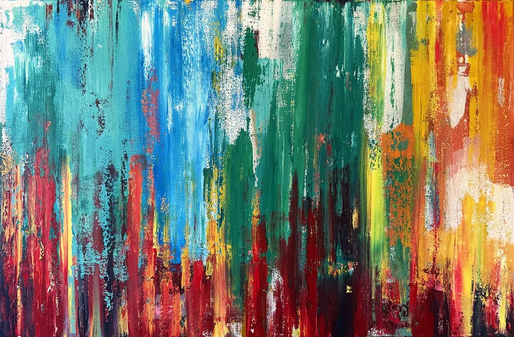 Abstract painting with vertical streaks of blue, green, yellow, red, black, orange, and white colors.
