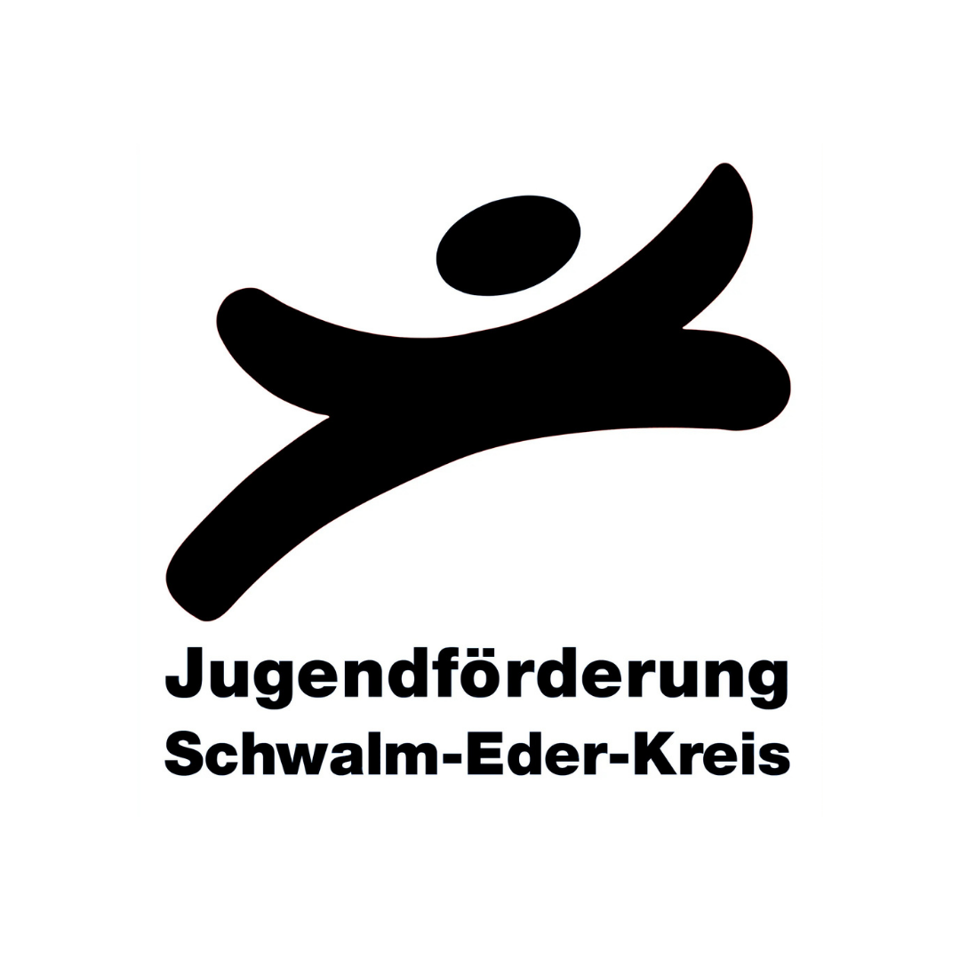 Schwarz-weiße Illustration eines abstracten Menschen, der springt, mit dem Text "Jugendförderung Schwalm-Eder-Kreis" darunter.