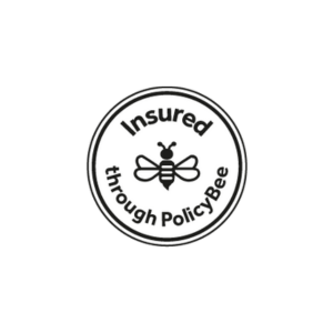 Circular logo with a bee illustration in the center, surrounded by the text 'Insured through PolicyBee'.