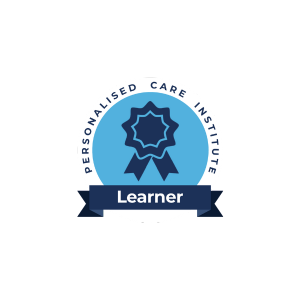 A circular badge with a blue ribbon that says 'Learner' and an outer ring with the text 'Personalised Care Institute'.
