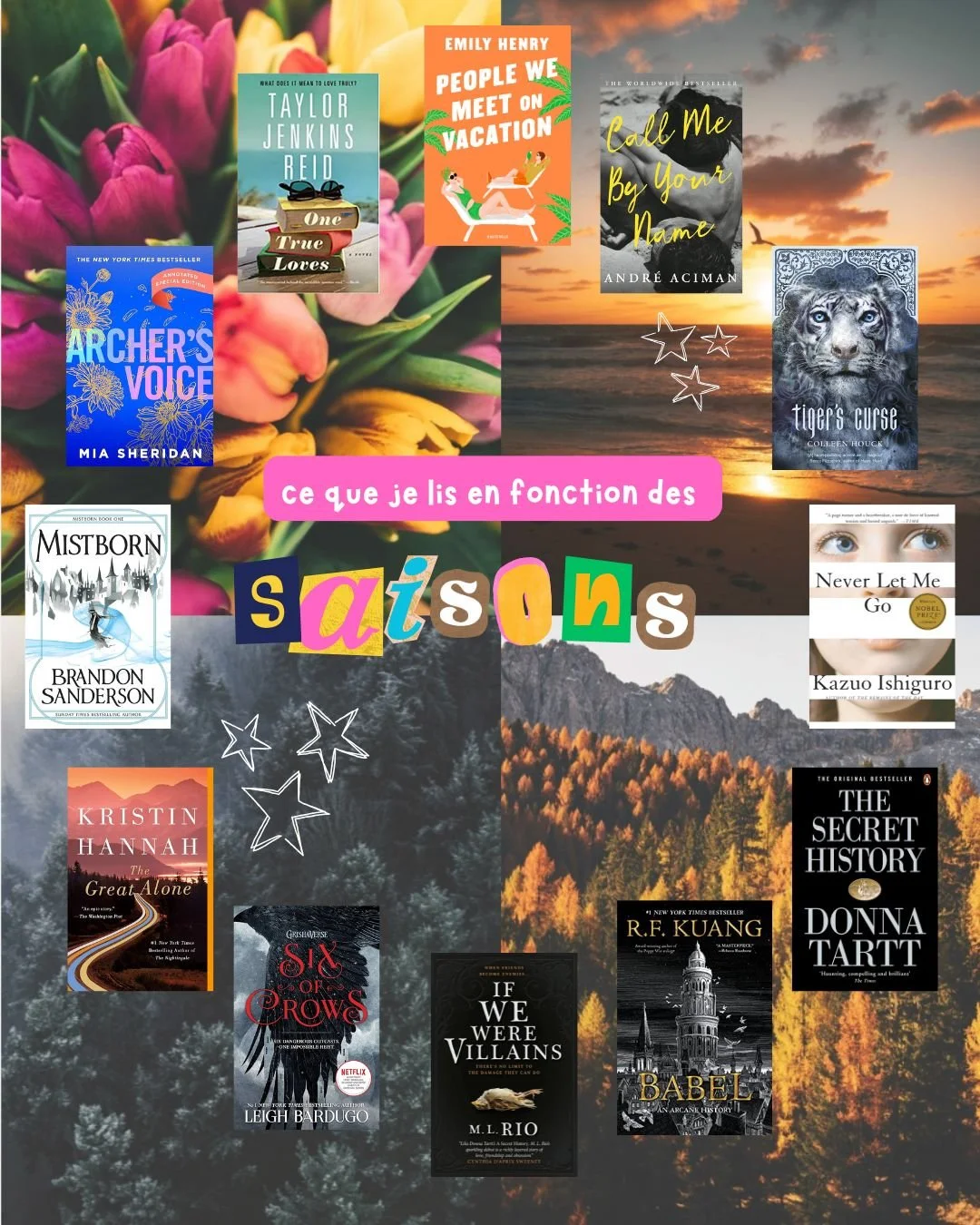Ce que je lis au fil des saisons 🍃📚

Parce que mes envies changent avec la lumi&egrave;re, la temp&eacute;rature et l&rsquo;ambiance&hellip;et aussi mon humeur hihi

Voici mes conseils pour chaque saison ✨
🌸 Printemps : des histoires douces, plein