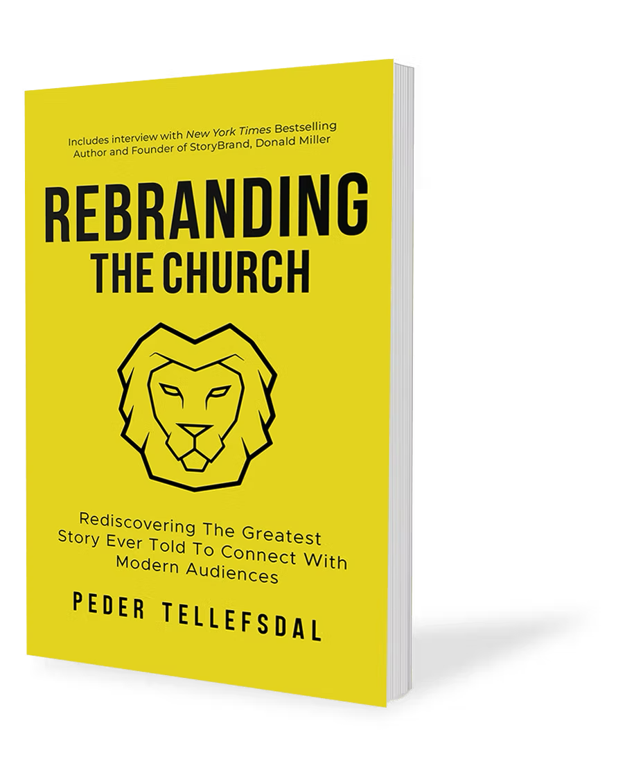 En gul bok med tittelen "Rebranding the Church" av Peder Tellefsdal, med en enkel svart og gul illustrasjon av en løvekopp.